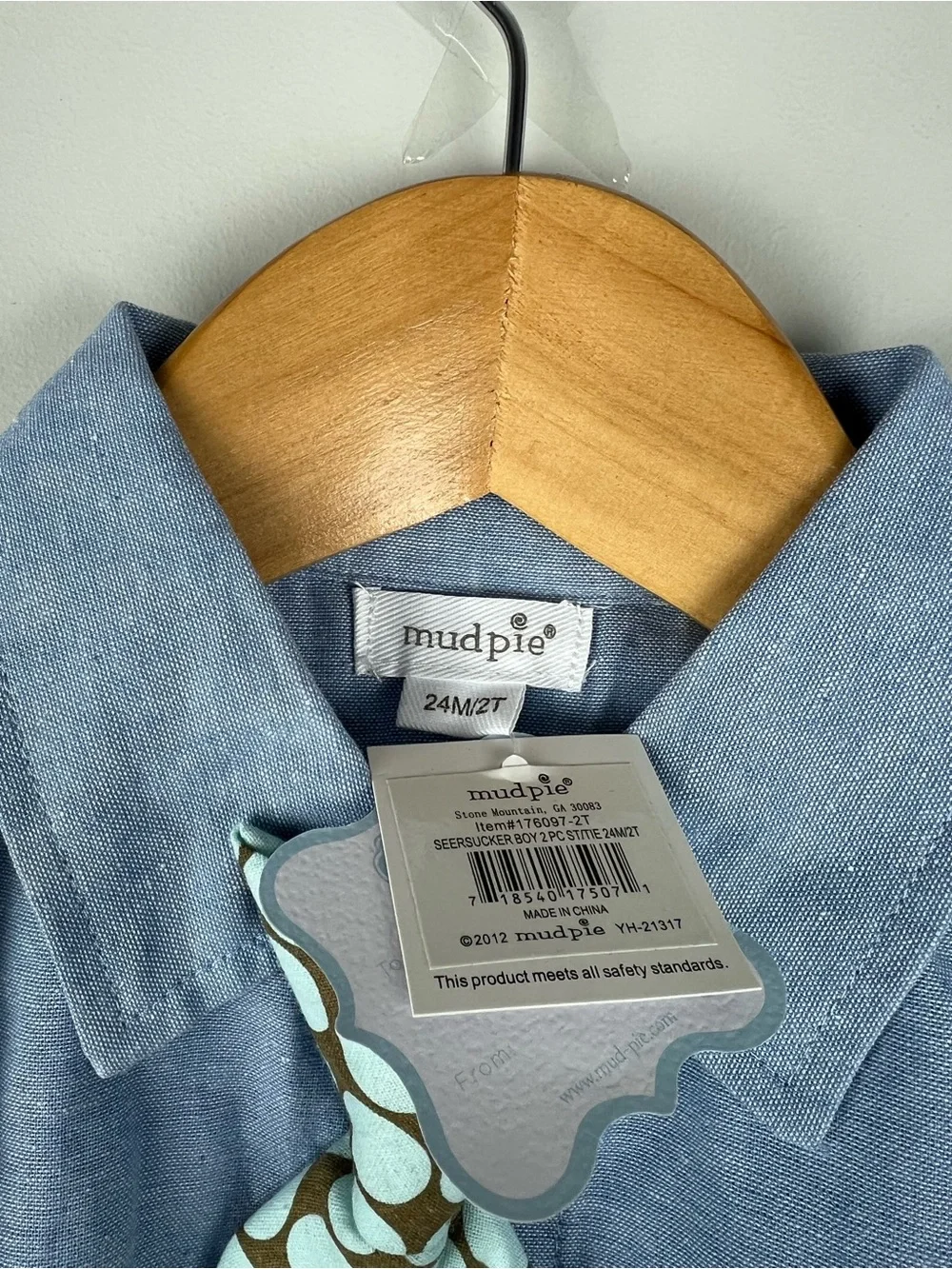 Mudpie Blue Chambray Shirt & Striped Suspender Shorts Set with Aqua Tie